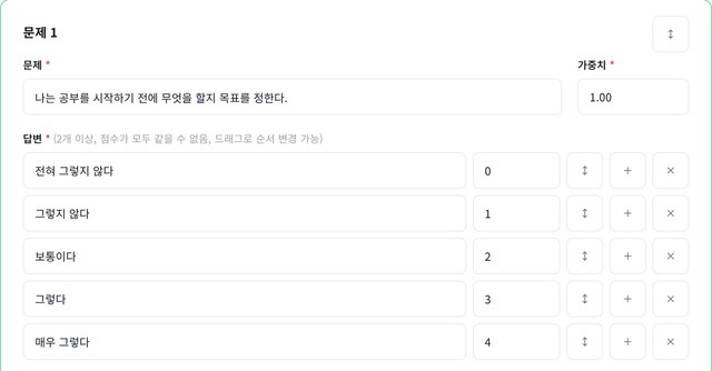 AI로 생성한 진단 문항과 답변 편집 화면