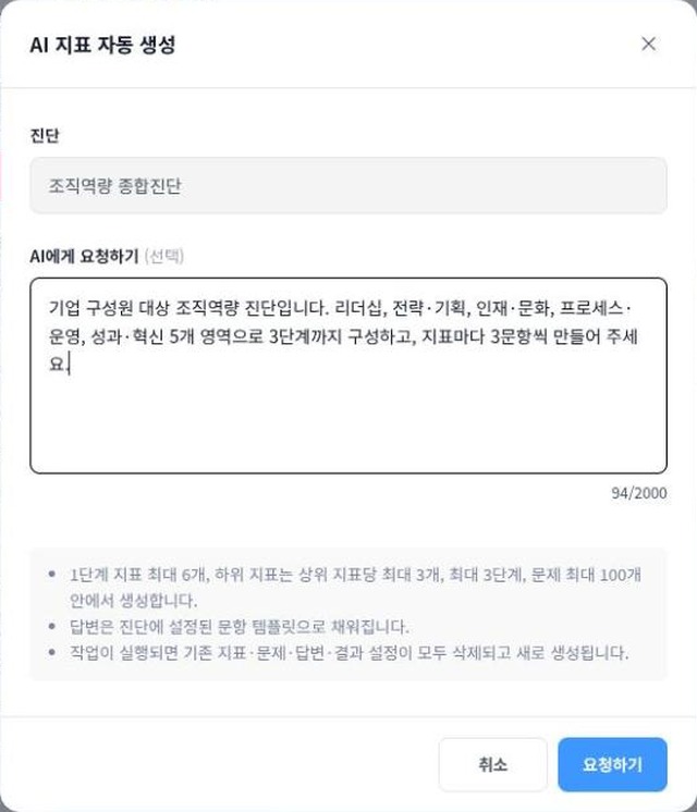 AI 지표 자동 생성 관리자 화면